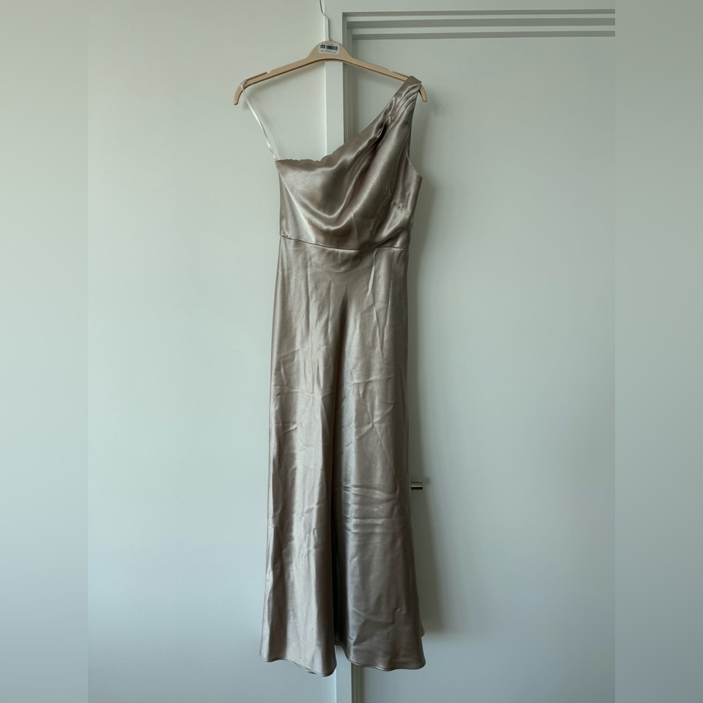 Jenny Yoo Lena Latte Color Elegant One-Shoulder Satin Gown Dress